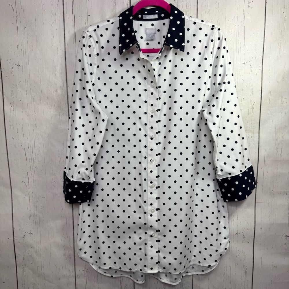 Chicos No Iron Chic Stretch Polka Dot Button Front Shirt Classic Office Timeless